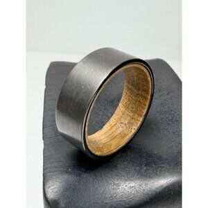Men’s Damascus Steel Ring Brass Sleeved Thick Flat Band Minimalist Sz 8.5